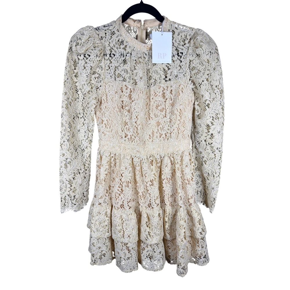 Rachel Parcell Metallic Lace Mini Dress Gold Long Sleeve Tiered RPD330-01 Size 0